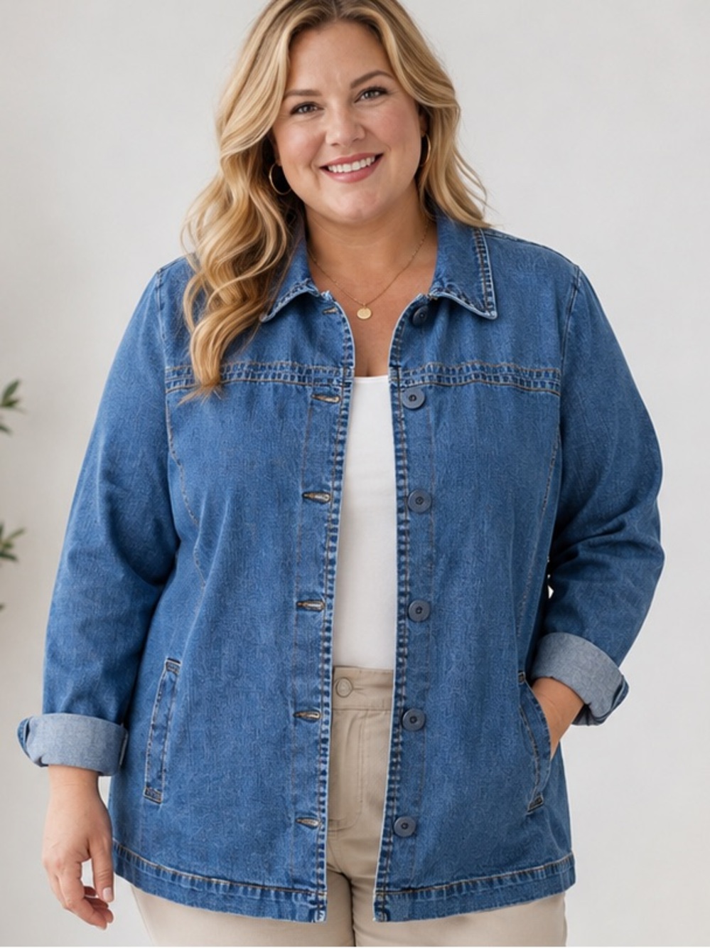 NorthStyle Denim Jacket Women’s Large Blue Button Front Stretch Lightweight